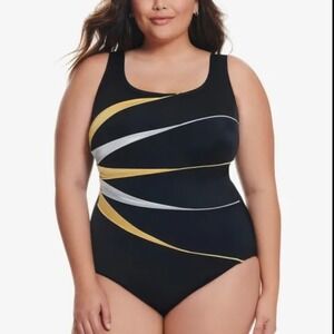 Longitude Swimsuit Womens Size 12 Black Gold Silver‎ One Piece Retro Glam Resort